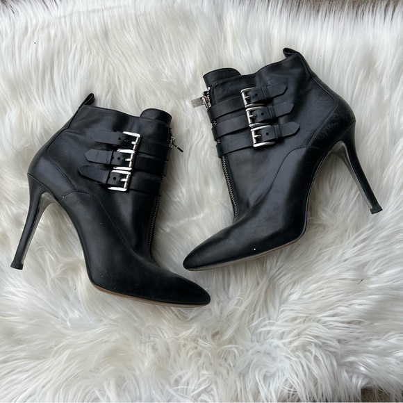 Michael Kors Black Leather Pointed Toe Silver 3 Buckle Zipper Heeled Booties - Picture 1 of 7